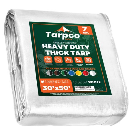 TARPCO SAFETY 50 ft L x 0.5 mm H x 30 ft W Heavy Duty 7 Mil Tarp, White, Polyethylene TS-204-30X50